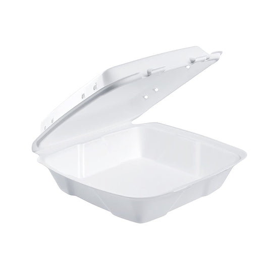 Dart 90HTPF1VR 9" x 9" x 3" White Foam Vented Take Out Container with Perforated Hinged Lid ( 200 Pieces / Case )
