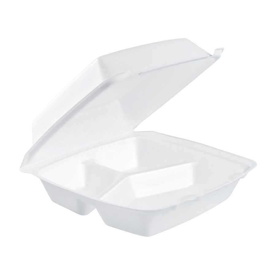 Dart 85HT3R 8" x 8" x 3" White Foam Three-Compartment Take Out Container with Hinged Lid ( 200 Pieces / Case )