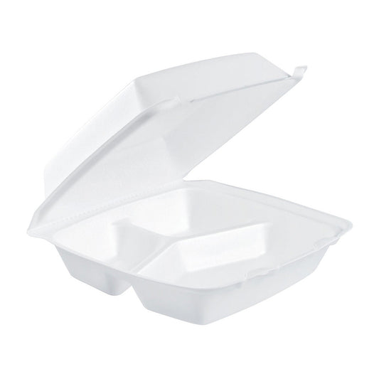 Dart 85HT3R 8" x 8" x 3" White Foam Three-Compartment Take Out Container with Hinged Lid ( 200 Pieces / Case )