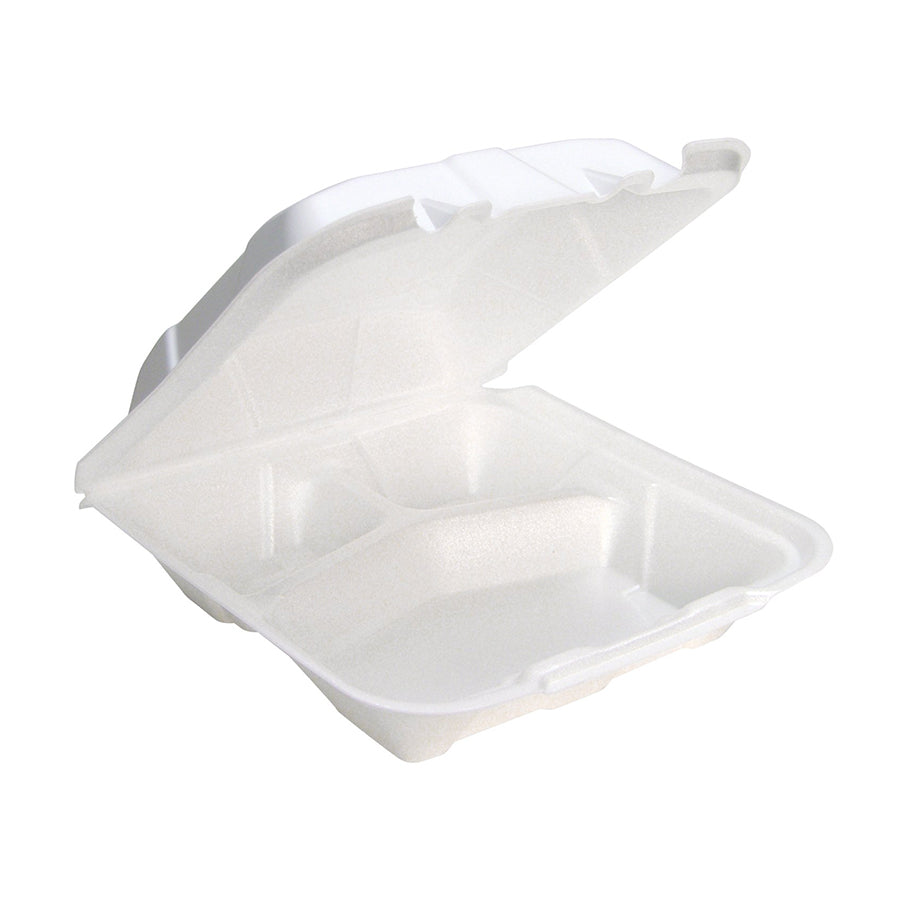 Dart 90HTPF3R 9" x 9" x 3" White Foam Three-Compartment Take Out Container with Hinged Lid ( 200 Pieces / Case )